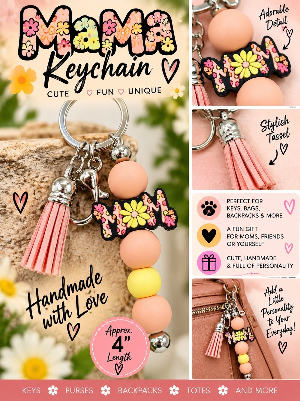 A73. Floral Beaded Keychain in Pink & Yellow NWT